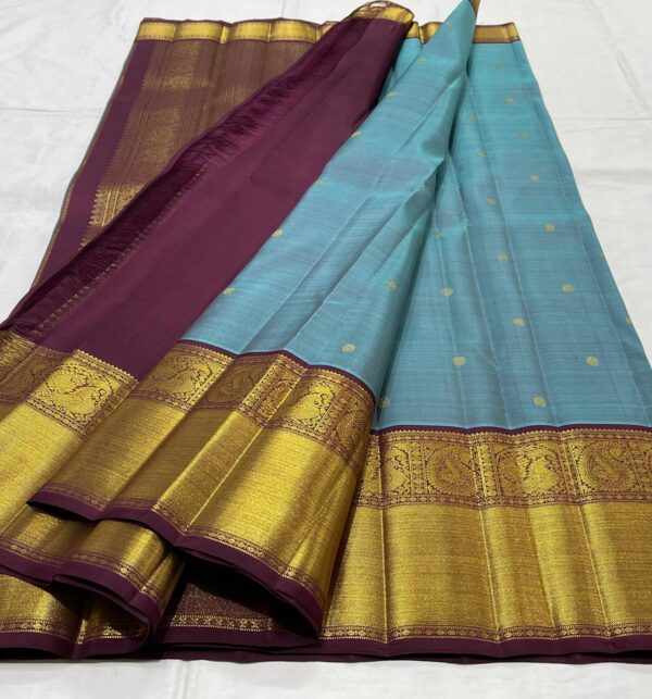 Kanjivaram Silk Saree in Teal Blue with Coffee Brown Border