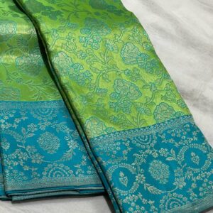 Kanjivaram Silk Saree in Parrot Green and Pastel Blue