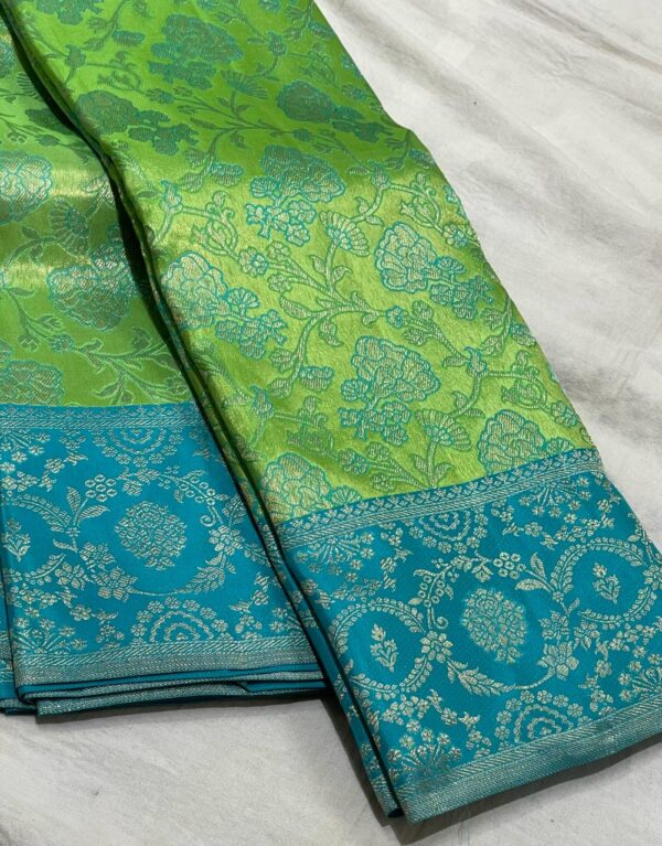 Kanjivaram Silk Saree in Parrot Green and Pastel Blue