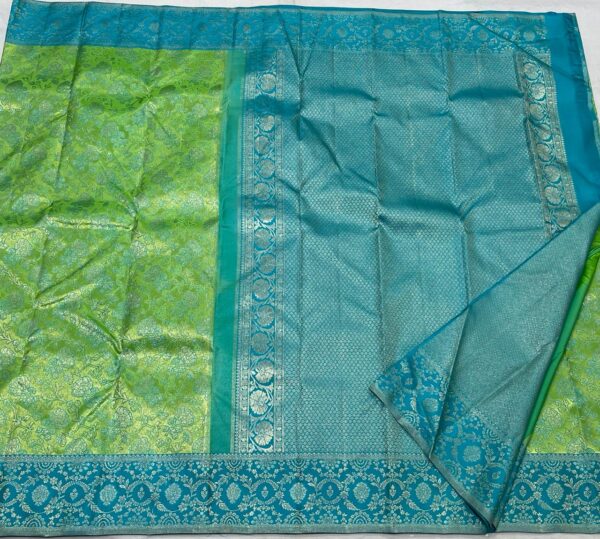 Kanjivaram Silk Saree in Parrot Green and Pastel Blue