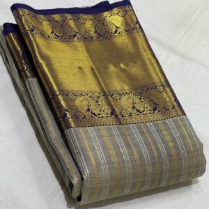 Kanchipuram Silk Saree in Gray with Dark Blue Border