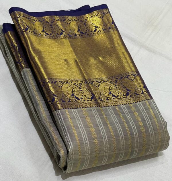 Kanchipuram Silk Saree in Gray with Dark Blue Border