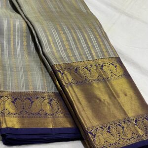 Kanchipuram Silk Saree in Gray with Dark Blue Border