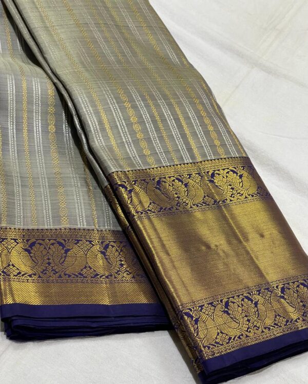 Kanchipuram Silk Saree in Gray with Dark Blue Border