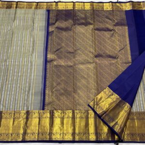 Kanchipuram Silk Saree in Gray with Dark Blue Border