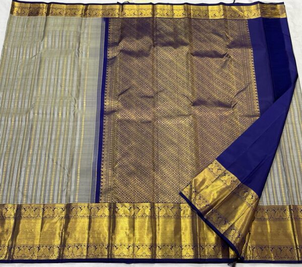 Kanchipuram Silk Saree in Gray with Dark Blue Border