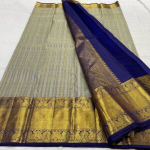 Kanchipuram Silk Saree in Gray with Dark Blue Border