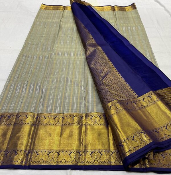 Kanchipuram Silk Saree in Gray with Dark Blue Border