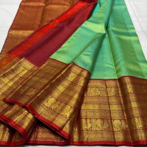 Kanjivaram Silk Saree in Parrot Green and Maroon Red