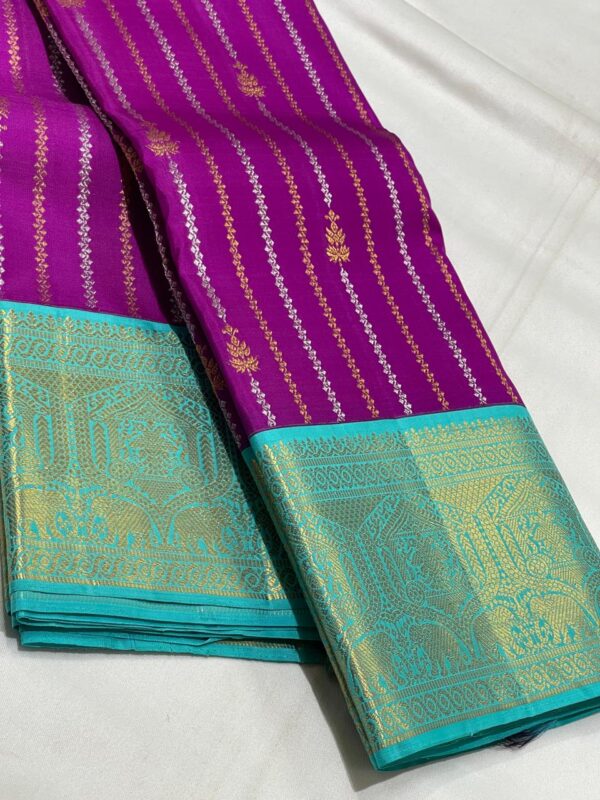 Kanjivaram Silk Saree with Purple Body, Aqua Blue Border