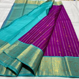 Kanjivaram Silk Saree with Purple Body, Aqua Blue Border