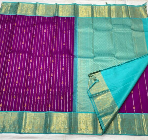 Kanjivaram Silk Saree with Purple Body, Aqua Blue Border