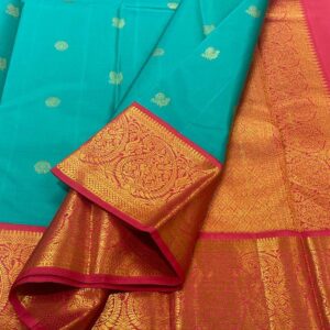 Aqua Blue Kanjivaram Silk Saree with Red Border