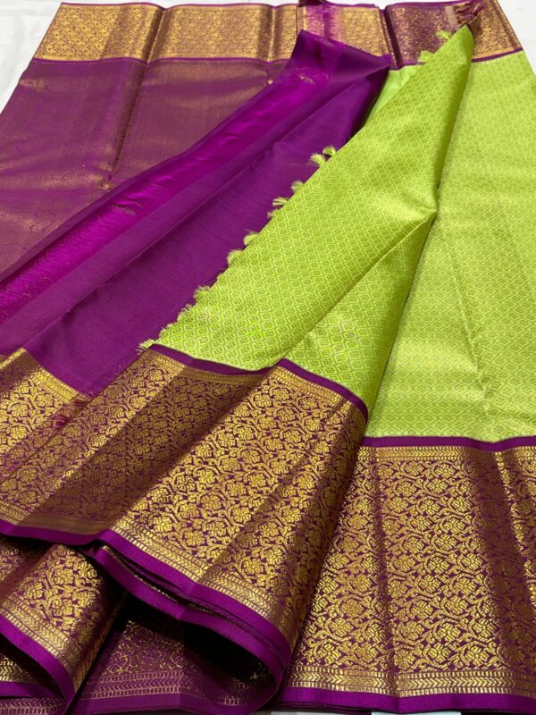 Kanjivaram Silk Saree in Parrot Green with Purple Border