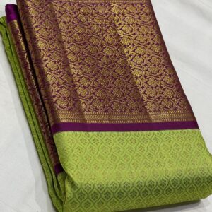 Kanjivaram Silk Saree in Parrot Green with Purple Border