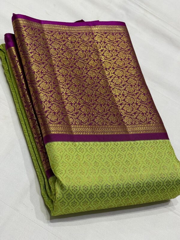 Kanjivaram Silk Saree in Parrot Green with Purple Border