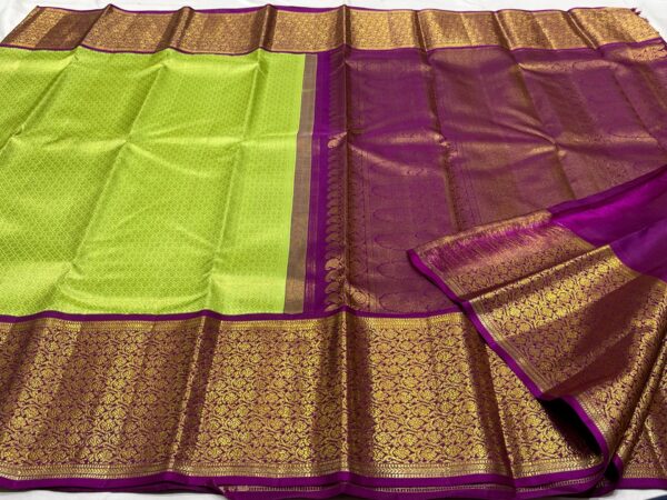 Kanjivaram Silk Saree in Parrot Green with Purple Border