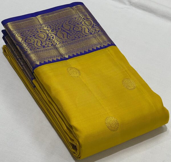 Kanjivaram Silk Saree in Mango Yellow with Blue Border