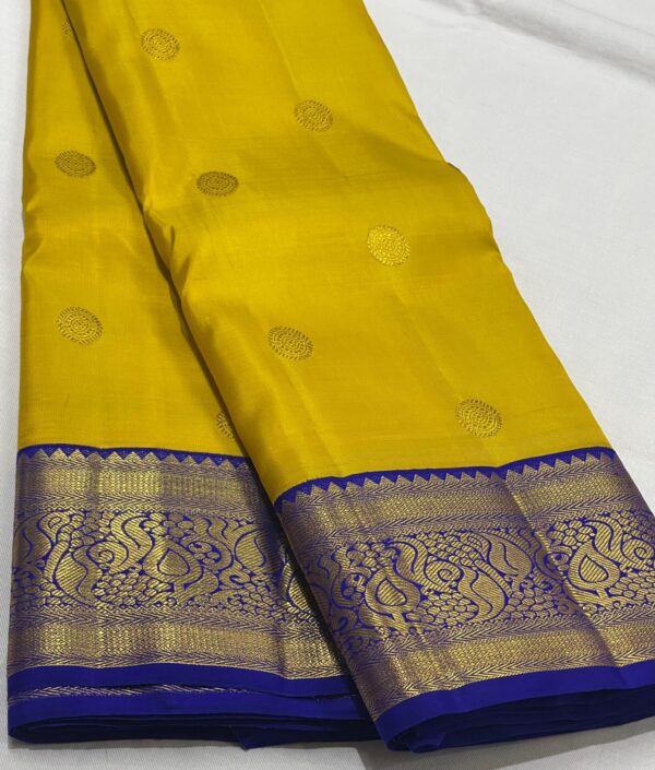 Kanjivaram Silk Saree in Mango Yellow with Blue Border