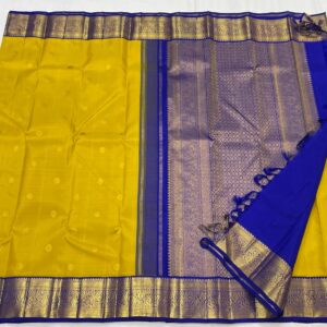 Kanjivaram Silk Saree in Mango Yellow with Blue Border