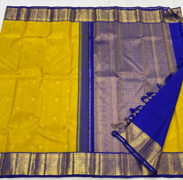 Kanjivaram Silk Saree in Mango Yellow with Blue Border