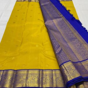 Kanjivaram Silk Saree in Mango Yellow with Blue Border