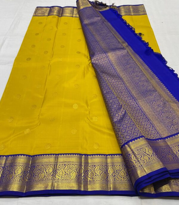 Kanjivaram Silk Saree in Mango Yellow with Blue Border