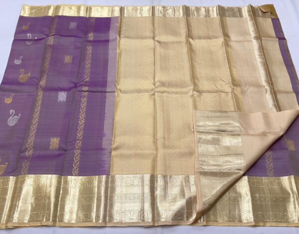 Kanjivaram Silk Saree in Light Lavender with Cream and Gold Zari Brocade