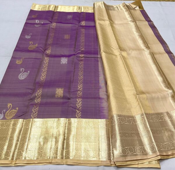 Kanjivaram Silk Saree in Light Lavender with Cream and Gold Zari Brocade