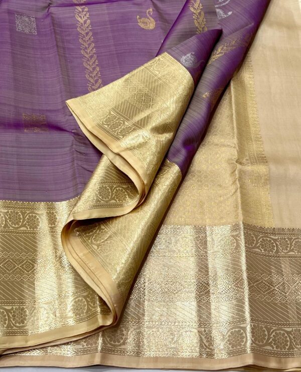 Kanjivaram Silk Saree in Light Lavender with Cream and Gold Zari Brocade