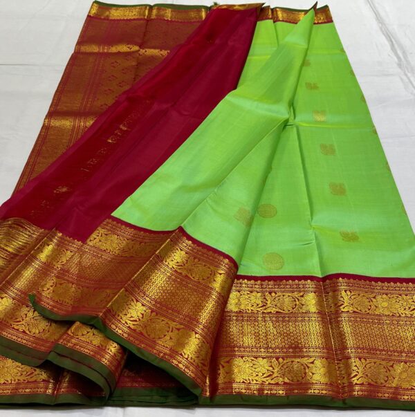 Kanjivaram Silk Saree in Parrot Green with Maroon Border