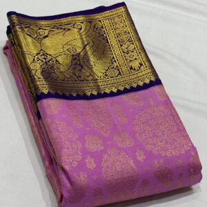 Kanjivaram Silk Saree in Lavender and Blue with Gold Zari Brocade Design