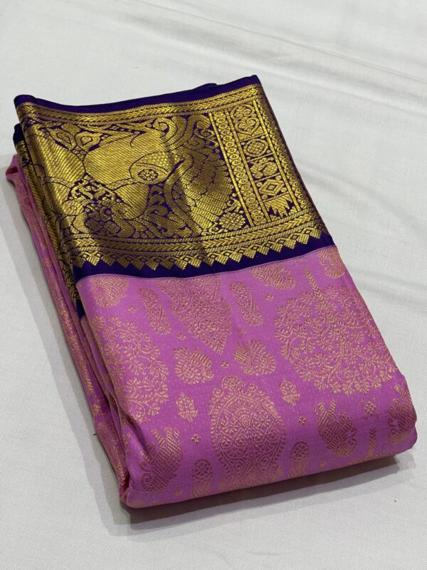 Kanjivaram Silk Saree in Lavender and Blue with Gold Zari Brocade Design