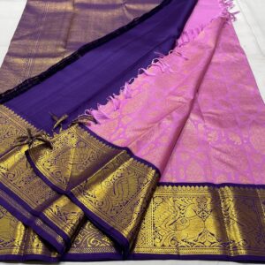 Kanjivaram Silk Saree in Lavender and Blue with Gold Zari Brocade Design