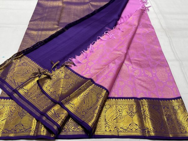 Kanjivaram Silk Saree in Lavender and Blue with Gold Zari Brocade Design