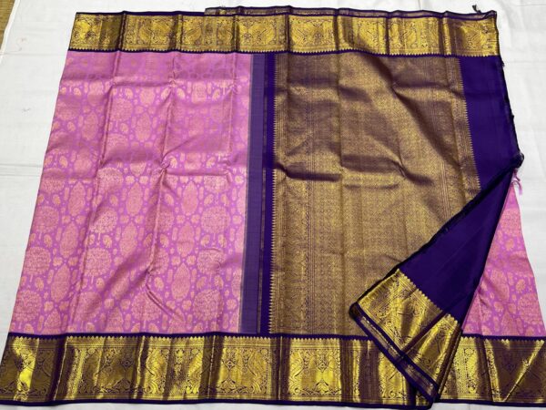 Kanjivaram Silk Saree in Lavender and Blue with Gold Zari Brocade Design