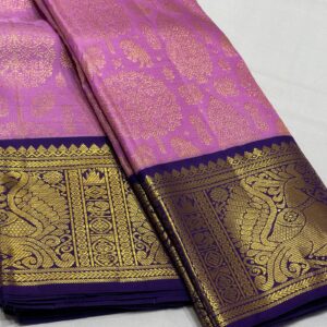 Kanjivaram Silk Saree in Lavender and Blue with Gold Zari Brocade Design