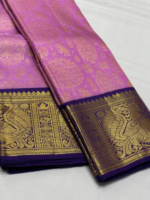 Kanjivaram Silk Saree in Lavender and Blue with Gold Zari Brocade Design