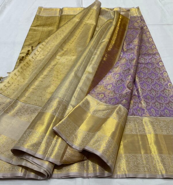 Lavender Kanjivaram Silk Saree with Cream Border, Pallu, and Blouse