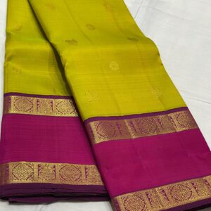 Kanjivaram Silk Saree in Leaf Green and Pink Color Combination