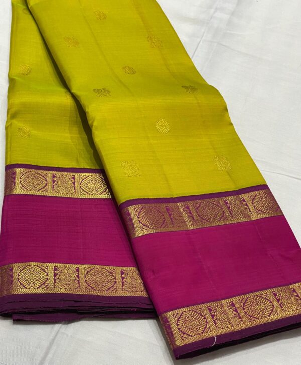 Kanjivaram Silk Saree in Leaf Green and Pink Color Combination