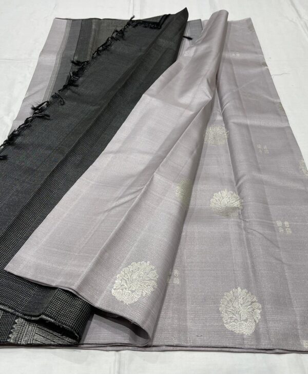 Kanjivaram Silk Saree in Light Gray and Black with Silver Zari