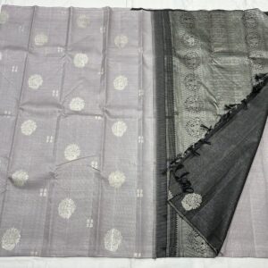 Kanjivaram Silk Saree in Light Gray and Black with Silver Zari