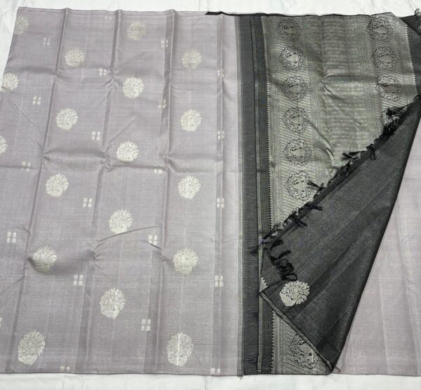 Kanjivaram Silk Saree in Light Gray and Black with Silver Zari