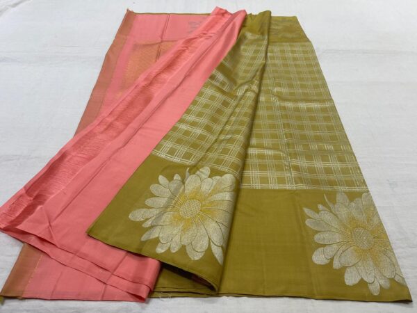 Kanjivaram Silk Saree in Mehandi Green and Coral Pink