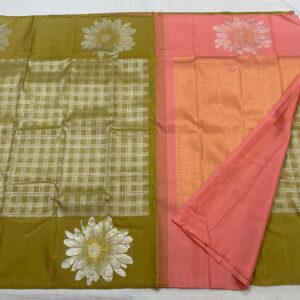 Kanjivaram Silk Saree in Mehandi Green and Coral Pink