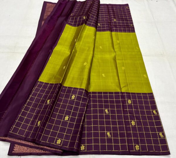 Kanjivaram Silk Saree in Mehendi Green with Coffee Brown