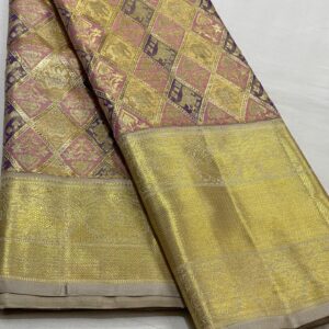 Kanjivaram Silk Saree in Onion Pink with Gold Body and Cream Border