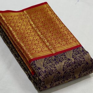 Kanjivaram Silk Saree in Dark Navy Blue With Red Border