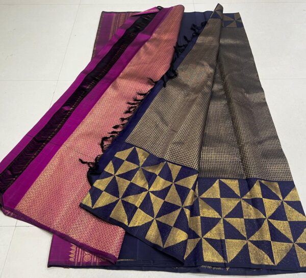 Kanchipuram Silk Saree: Navy Blue with Purple Pallu and Blouse